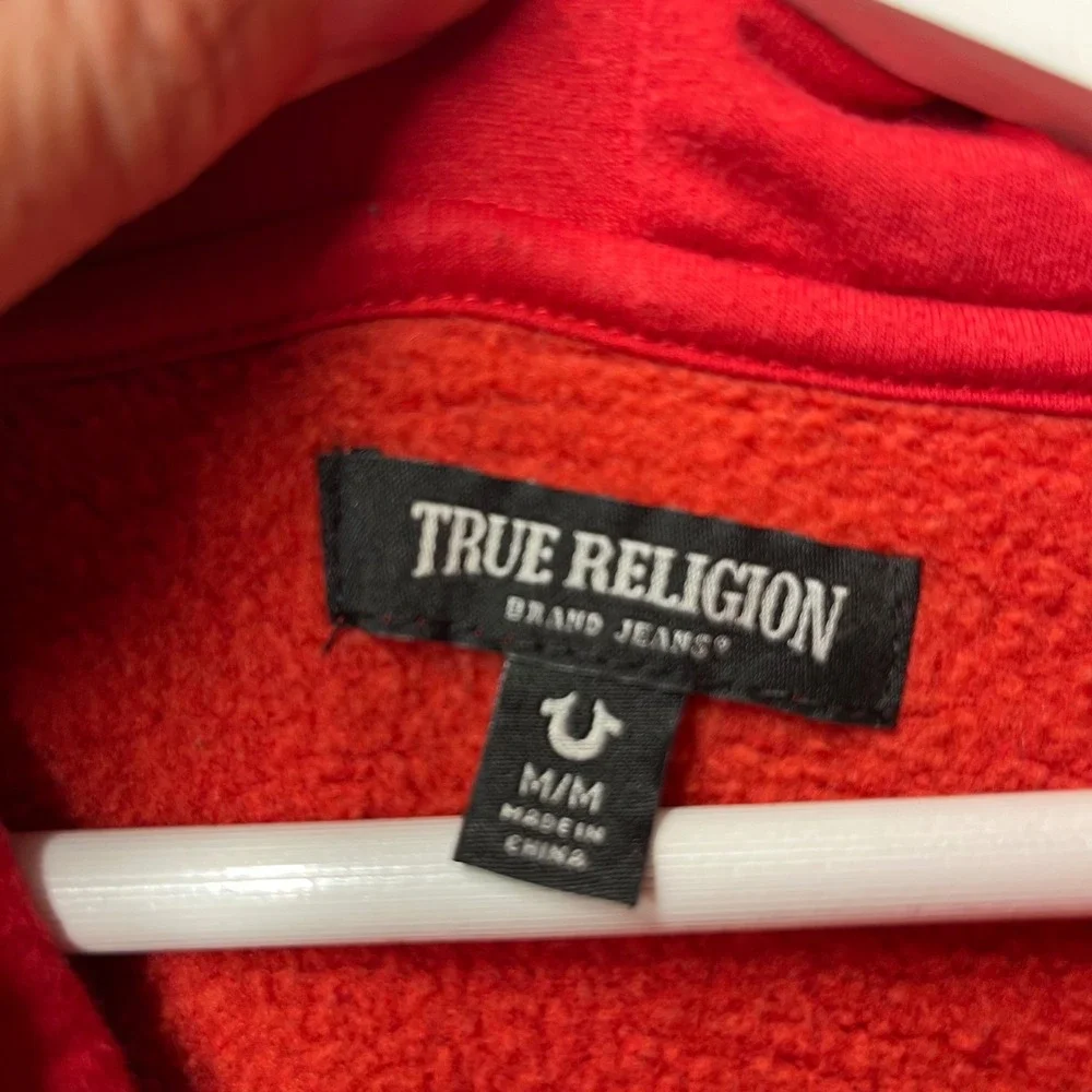 True Religion Mens Red World Tour Buddha Mesh Graphic Pullover Hoodie Size M